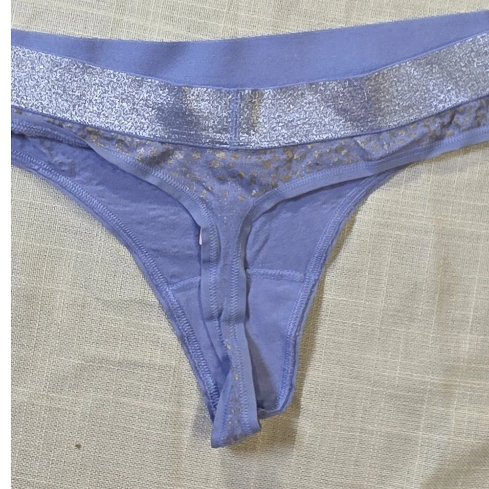 Victoria's Secret Blue Metallic Gold Star Thong Panty Glitter Waistband XL